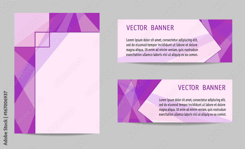 Cover and two banners templates, bright fuchsia. Geometric backgrounds with text place. Technology layouts for brochure, leaflet, poster, booklet, portfolio, annual report, website. Vector EPS10