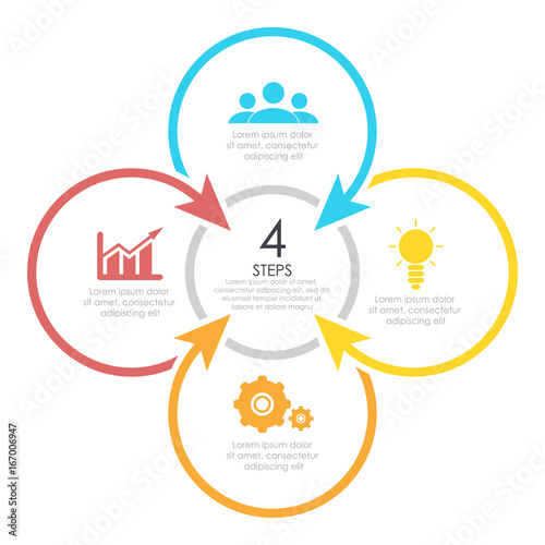 Outline round infographic element. Circle template 4 steps with arrows.
