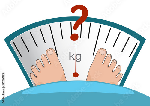 Fat man or woman standing on weight scale with heavy weight, vector. Concept of weight loss, healthy lifestyles, diet, proper nutrition.