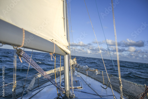 Sails on a sailboat at sea in the north of summer.