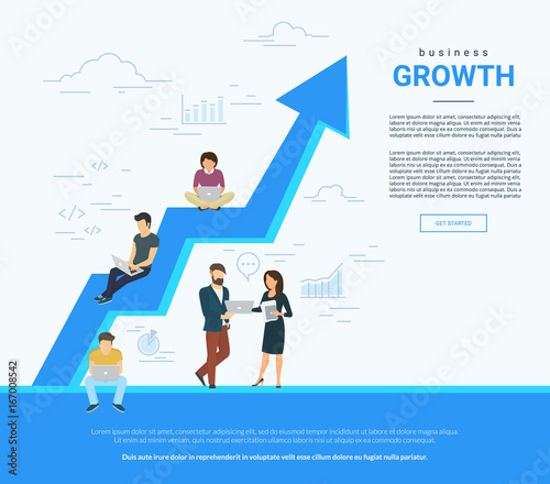 Business graph growth concept vector illustration of professional people working together as team and sitting on arrow. Flat people working with laptop to develop business. White business poster
