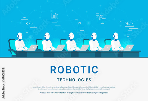 Robotic technologies for online assistance and machine learning. Flat vector illustration of group of robots coding or developing project. Robots at workdesk working with laptop for various functions