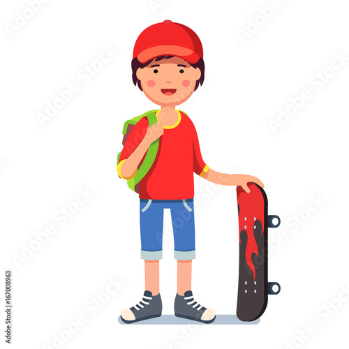 Teen kid boy in cap with backpack and skateboard