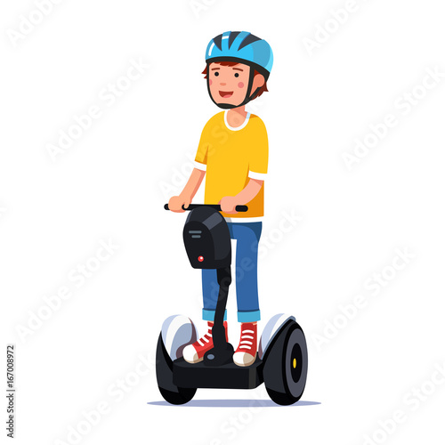 Boy riding a standing modern electric gyro scooter