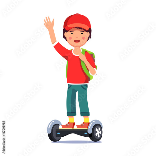 Boy riding a standing electric gyroboard scooter © iconicbestiary