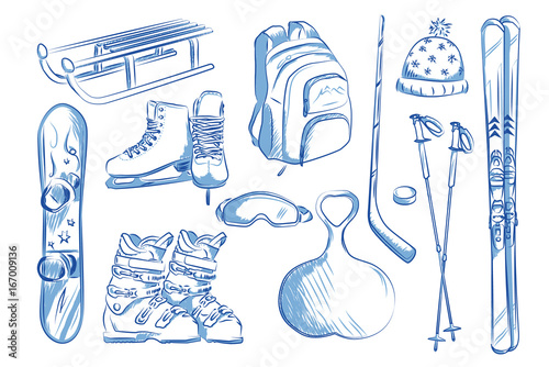 Icon set of winter objects: skates, ski, sleds, snowboard. Hand drawn vector illustration.