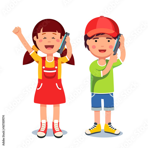 Kids girl and boy talking on a mobile smart phones