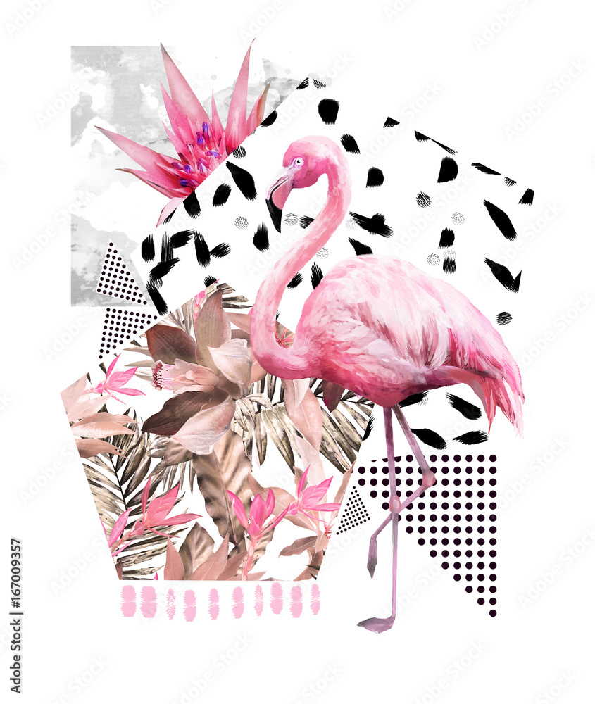 Fototapeta premium Tropical summer geometric poster design. Triangles and circle with grunge textures. Watercolor pink bird - flamingo. Exotic Abstract background, vintage. Hand painted illustration. doodles retro