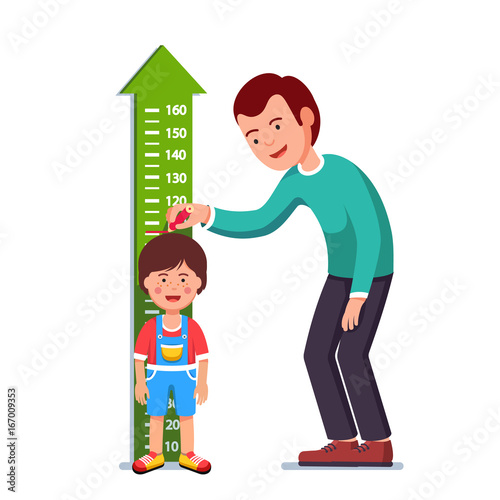 Teacher or father measuring boy kid height