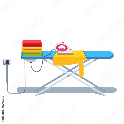 Ironing board with clothes stack and electric iron