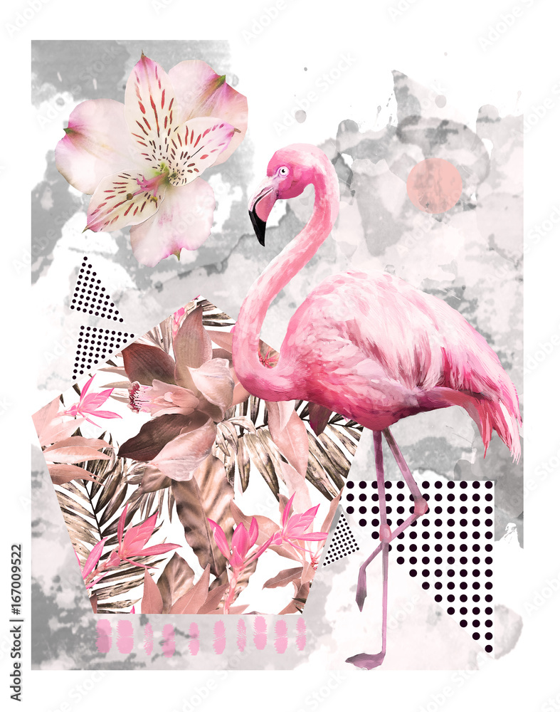 Fototapeta premium Tropical summer geometric poster design. Triangles and circle with grunge textures. Watercolor pink bird - flamingo. Exotic Abstract background, vintage. Hand painted illustration. doodles retro