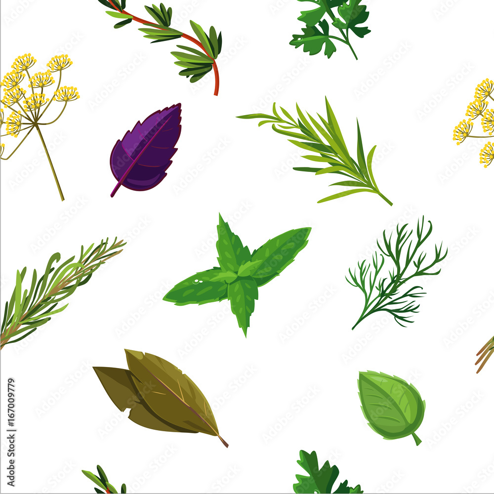 Seamless herbs pattern with seasoning and spices elements. Vector food texture.