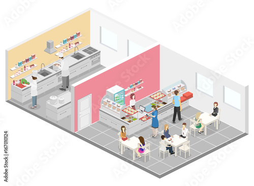 Isometric flat 3D interior of cafe, canteen and restaurant kitchen.