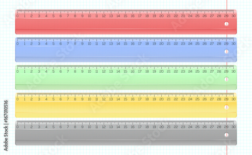 Transparent multi-colored plastic rulers set. Measuring ruler collection. Multicolored transparent rulers on school notebook leaf. Realistic vector illustration