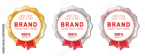 Set of gold, silver and platinum badges with red ribbons.