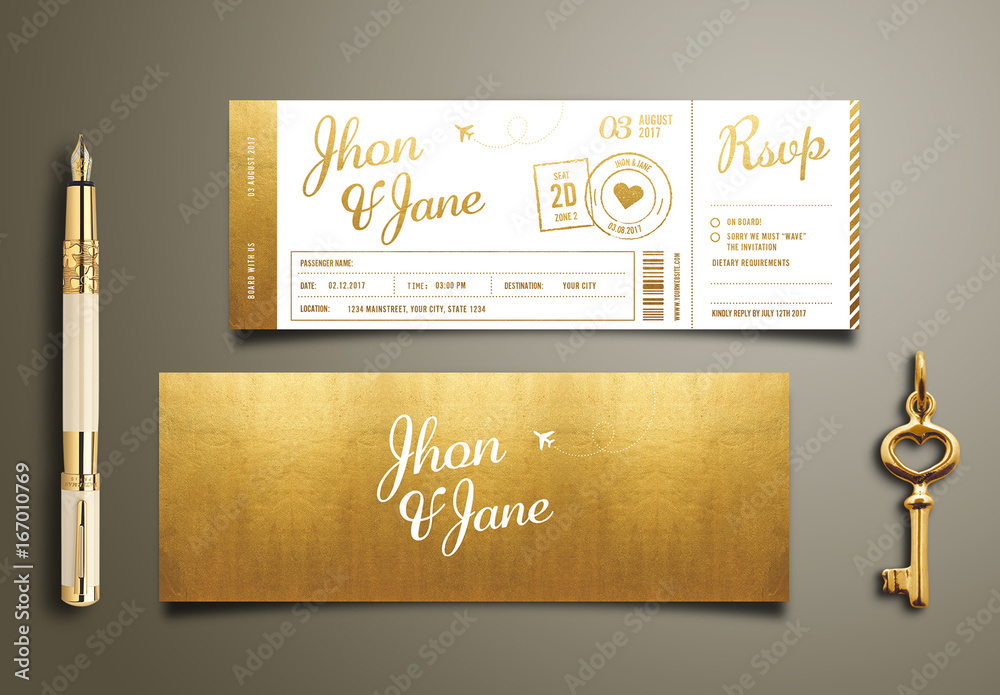Gold Foil Ticket Wedding Invitation Stock Template Adobe Stock