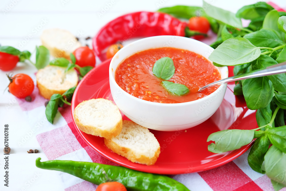 Cold summer tomato dish. Gaspacho soup with toast. Cold summer tomato dish. Gaspacho soup with toast.