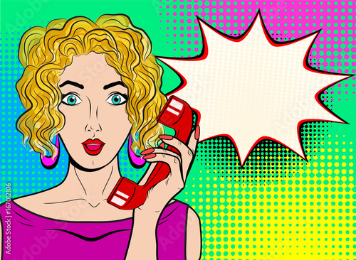 Wow pop art female face. Sexy surprised blond young woman with open mouth holding red old phone handset and empty speech bubble. Vector bright background in pop art retro comic style.