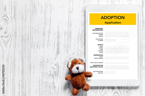 Adoption application near toy on light wooden table background top view copyspace photo