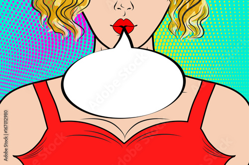 Pop art retro comic style blond woman with beautiful breast, red dress and empty speech bubble, vector illustration background