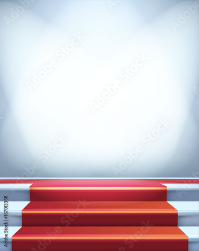 Red carpet on stairs. Blank template illustration with space for an object, person, logo, text. Presentation, gala, ceremony, awards concept.
