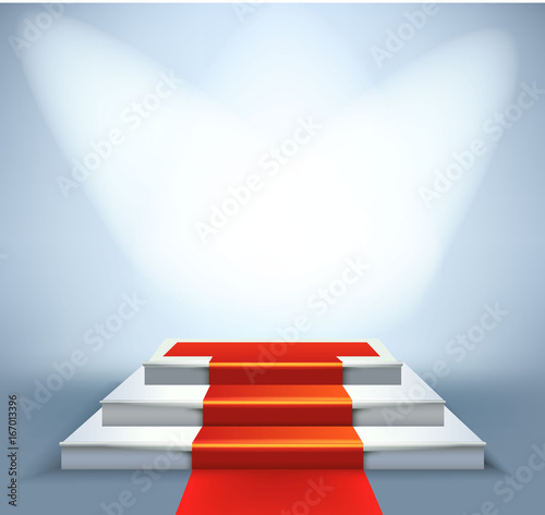 Empty white illuminated podium  with Red carpet on stairs  