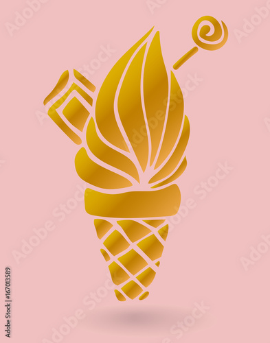 Cute gold ice cream cone with chocolate, lollipop isolated on pink background. Card, poster, sticker. Vector illustration.