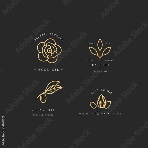 Vector set of packaging design templates and emblems in linear style - beauty and cosmetics oils - argan, rose, almond and tea tree