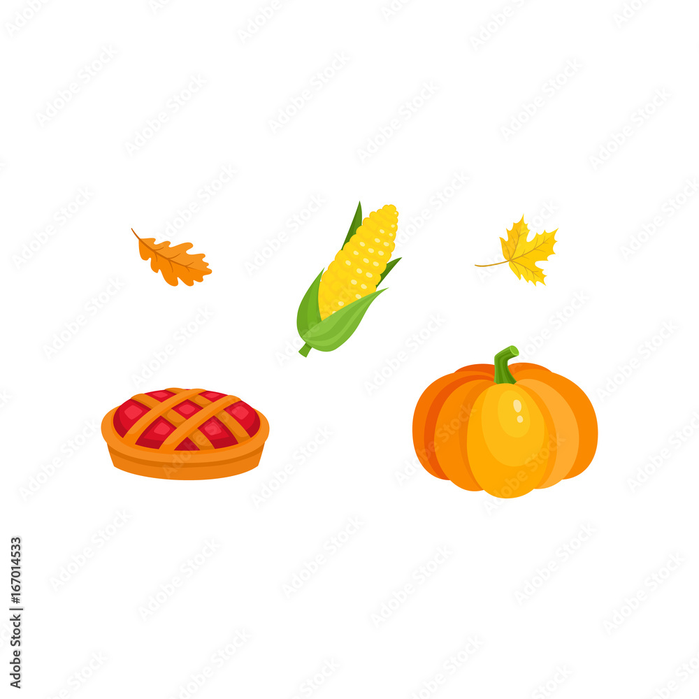 Φωτογραφία Set of harvest symbols - pumpkin, corn, pie, falling autumn leaves, cartoon vector illustration isolated on white background