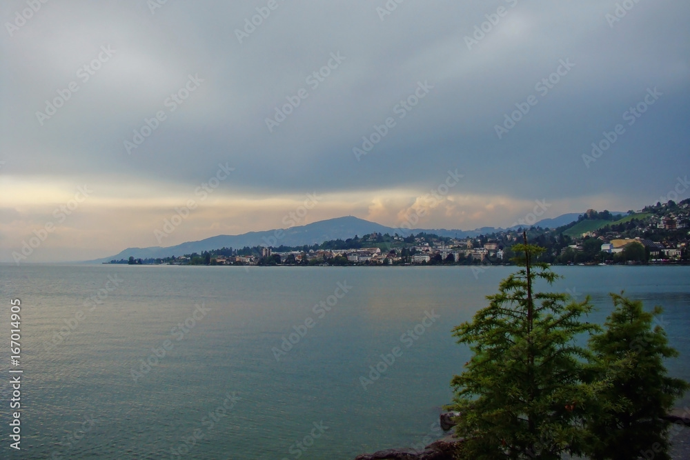 Cloudy and overcast day on lake Geneva, Montreux, the Swiss Riviera