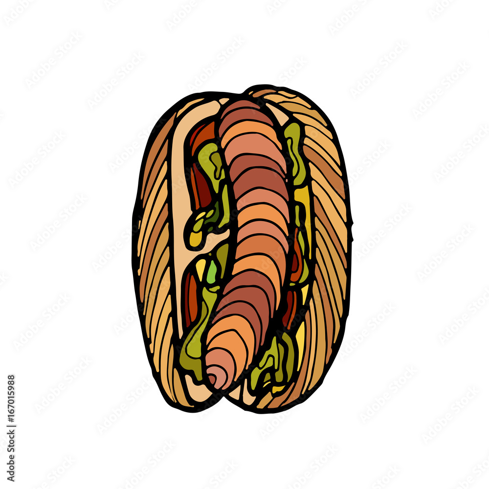 Hot dog Icon Isolated on White Background. Hand drawn vector illustration Hot dog Icon Isolated on White Background. Hand drawn vector illustration