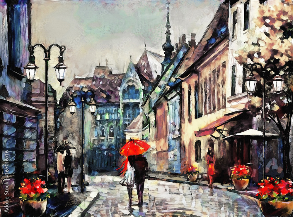 Fototapeta obraz olejny na płótnie europejskie miasto. Węgry. Widok ulicy z Budapesztu. Grafika. ludzie pod czerwonym parasolem. Drzewo..