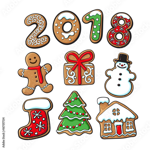 Set of homemade gingerbread cookies - Christmas elements and 2018 numbers, sketch vector illustration isolated on white background. Christmas gingerbread cookies - Xmas elements and 2 0 1 8 numbers