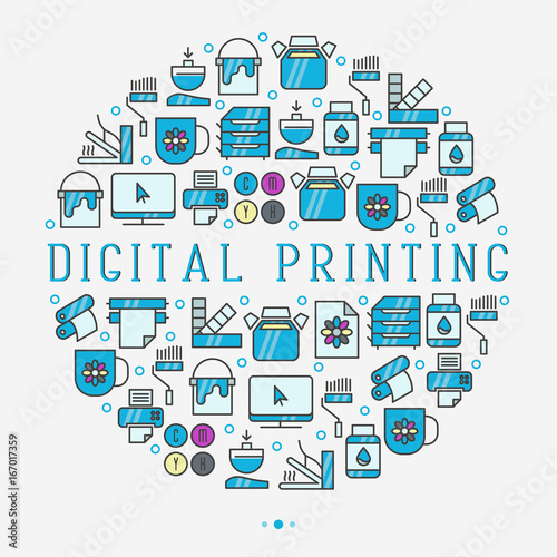 Digital printing concept in circle with thin line icons. Vector illustration for web page, banner, print media.