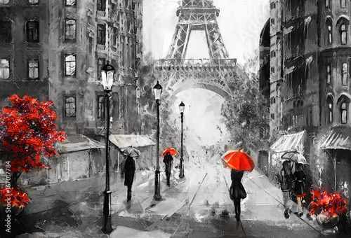oil painting on canvas, street view of Paris. Artwork. eiffel tower . people under a red umbrella. Tree. France