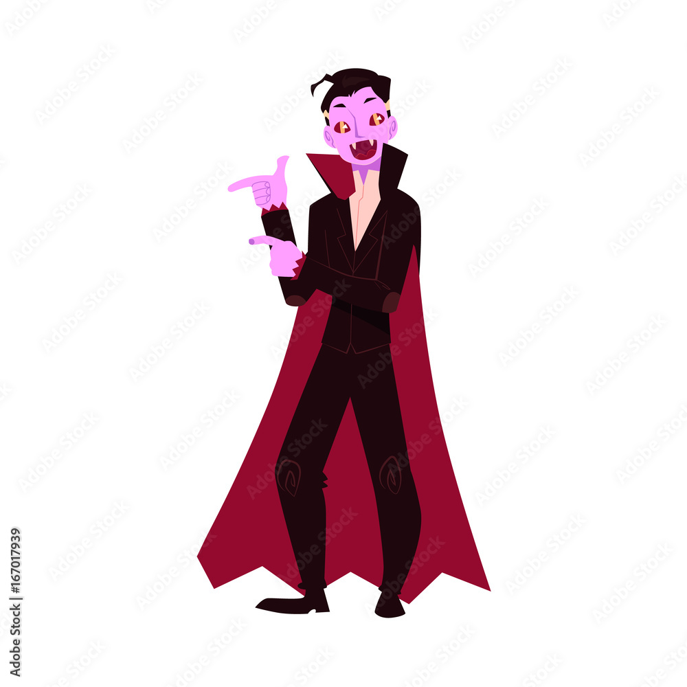 Young man dressed as dracula, vampire, Halloween party costume, cartoon vector illustration isolated on white background. Man dressed as dracula, vampire, black cape and fangs, Halloween party costume