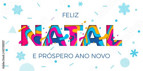 Feliz Natal Merry Christmas Portuguese greeting card vector papercut multi color layers