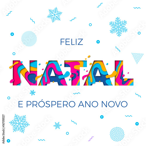 Feliz Natal Merry Christmas Portuguese greeting card vector papercut multi color layers