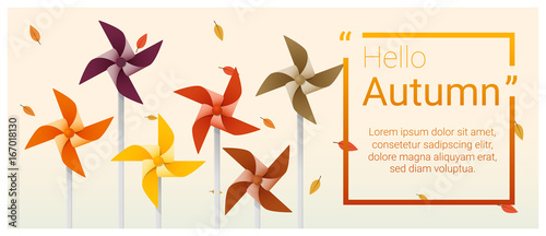 Hello autumn background with colorful pinwheels , vector , illustration