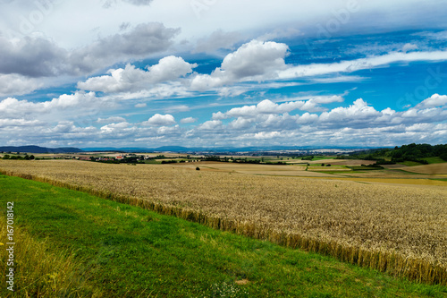D  Bayern  Unterfranken  Landschaft im Grabfeld bei Sternberg mit Getreidefeldern  Blick   ber das Grabfeld zur Rh  n