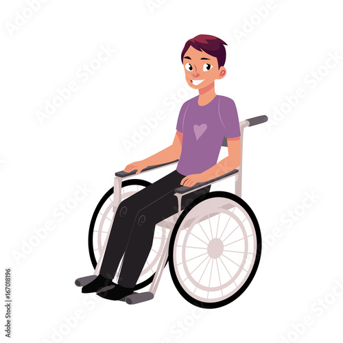 Young man sitting in wheelchair, raising hands in happiness, rehabilitation concept, cartoon vector illustration isolated on white background. Happy smiling young man in wheelchair