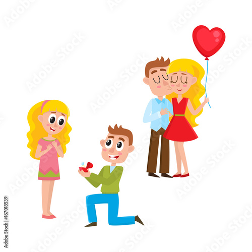 Loving couple, making proposal, romantic relationships, happy together, cartoon, comic style vector illustration isolated on white background. Loving couple, young man proposing to pretty blond girl