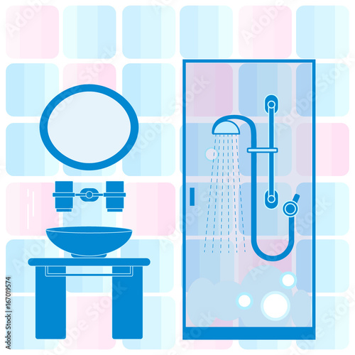Cute vector illustration of bathroom interior design: shower cabin, washbasin, mirror and other.
