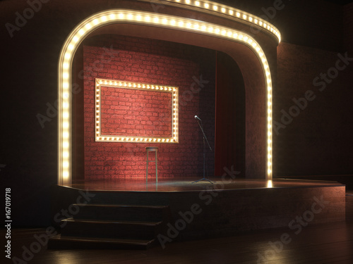 Dark empty stage with microphone. 3d render