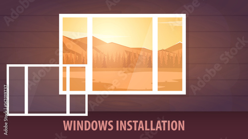 Windows installation banner. View from the window. Vector illustration.