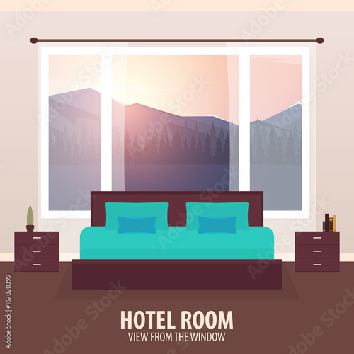 Hotel Room. View from the window. Travelling nad trip. Vector flat illustration.