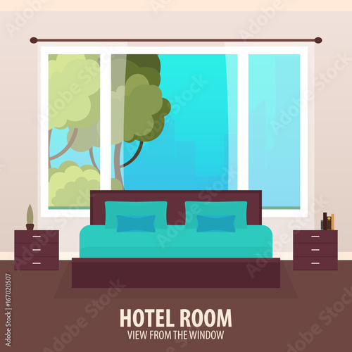 Hotel Room. View from the window. Travelling nad trip. Vector flat illustration.