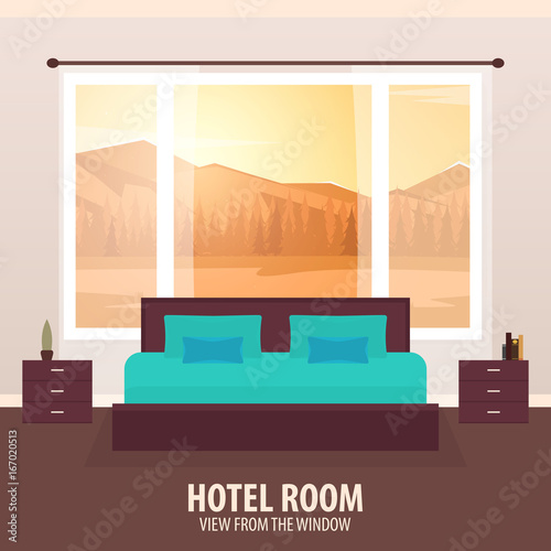 Hotel Room. View from the window. Travelling nad trip. Vector flat illustration.