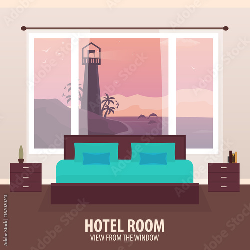Hotel Room. View from the window. Travelling nad trip. Vector flat illustration.