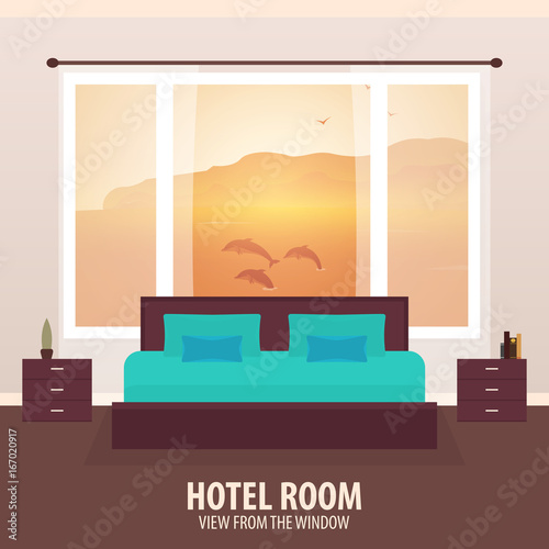 Hotel Room. View from the window. Travelling nad trip. Vector flat illustration.
